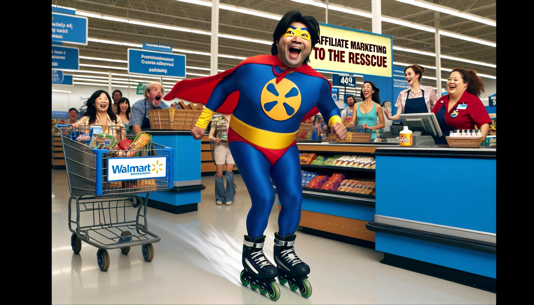 Direct your vision toward this comedic scene: A jovial South Asian man clad in a superhero costume, with the Walmart logo emblazoned on his chest, speeding down the grocery aisle on rollerblades. His eyes twinkle with adventure as the wind rustles his cape. He holds aloft a sign that reads 'Affiliate Marketing to the Rescue'. In the background, shoppers - a group of diverse people of various genders and descents - react with amused surprise. Cashiers, an East Asian woman and a Middle Eastern man, chuckle behind their registers. The air buzzes with laughter and high spirits, capturing a hilariously exaggerated promotion of Walmart's affiliate marketing strategy.