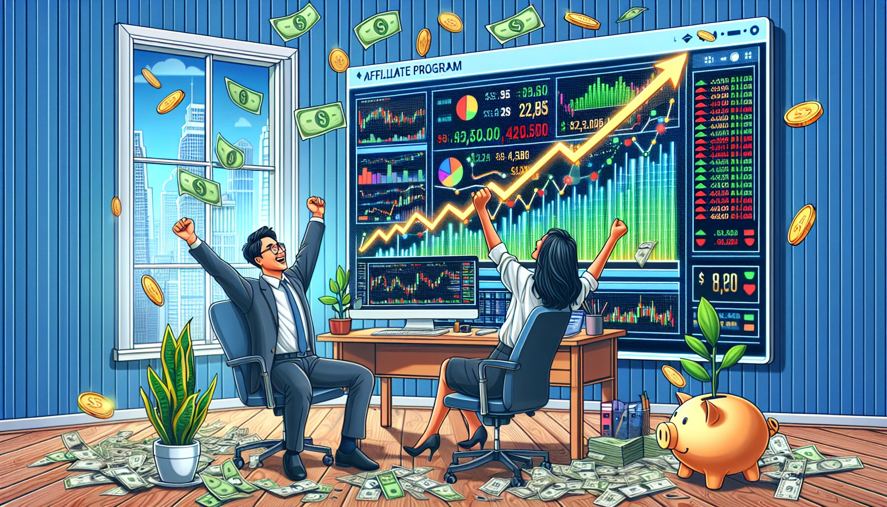 An entertaining and realistic image showcasing an anonymous online trading platform's affiliate program. Visualize a modern home office setup with a computer screen displaying an 'affiliate program' webpage filled with vibrant growing charts, stock symbols, and enticing cash symbols. Portray a joyful South Asian man and a Hispanic woman sitting in front of it, cheering for every rise in their virtual portfolio. Their desk is littered with a money plant signifying growth, a piggy bank sign, and scattered coins and bills indicating online monetary triumph.