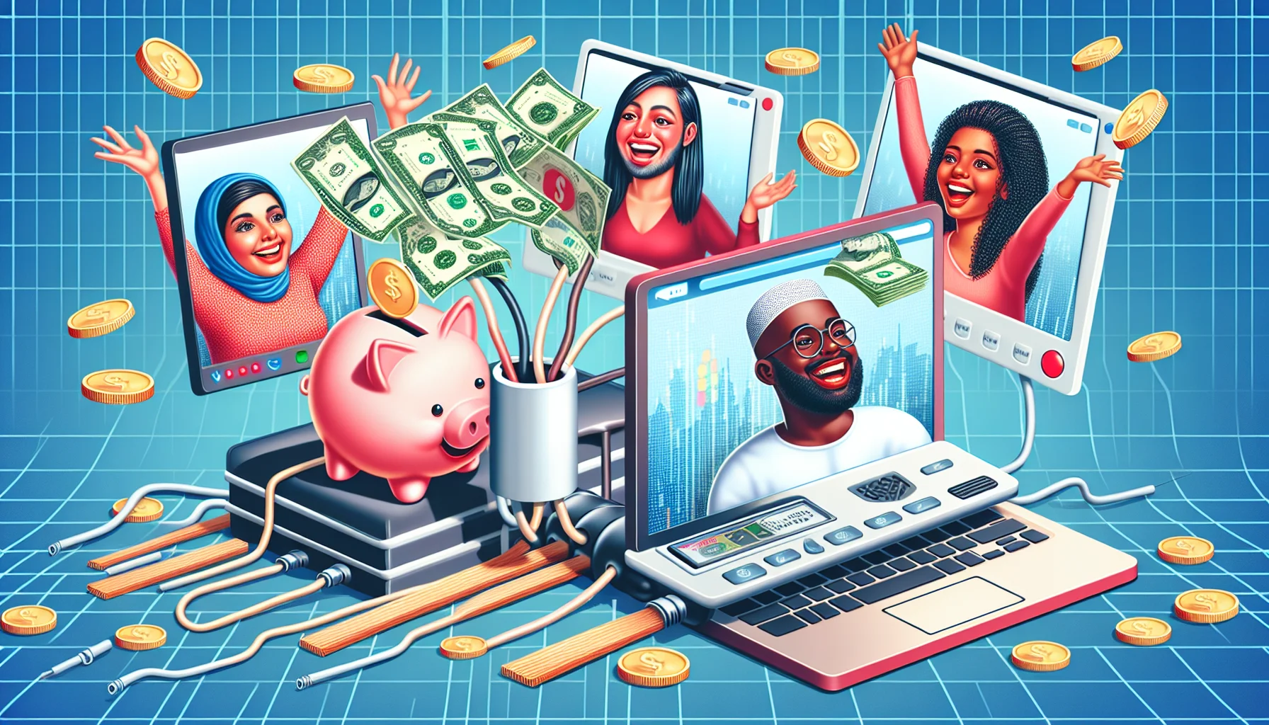 Create a lively and enticing image of a virtual event, humorously depicting the concept of affiliate marketing. The event is set against a digital background, with diverse virtual attendees participating from their laptop screens - a Middle-Eastern man and a Black woman. They are joyfully watching cash coins flow into a piggy bank plugged with internet cables, symbolising the online money-making aspect of affiliate marketing. There should also be elements of online advertising - such as a link being clicked and generating money, to further solidify the affiliate marketing concept.