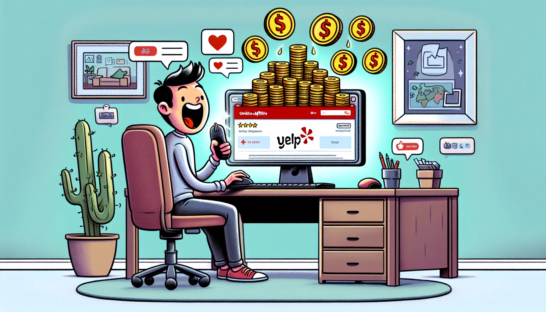 Draw a humorous yet realistic scene focusing on an online affiliate program, specifically related to Yelp. Include a character sitting at a computer in a home office setup. The computer screen should display Yelp's logo and hints of its interface. Stacks of virtual coins should be pouring from the screen, symbolising online financial gains. Include relevant icons suggesting online marketing and social media in the background. The character should be holding a mouse in one hand with a big excited smile on their face, emphasizing the easy and enjoyable way of making money online.
