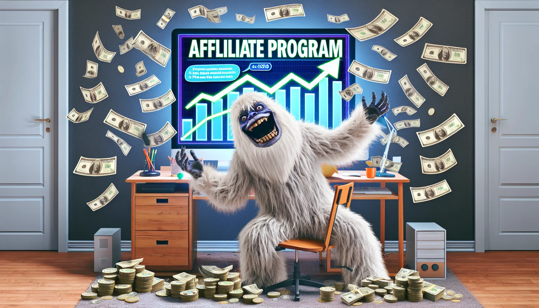 Imagine a humorous scene featuring a yeti characterized with human-like traits, working diligently in a home-office setup. This Yeti is seen sitting in front of a modern computer, ecstatically showcasing graphics of growing bar charts and dollar signs on the screen, symbolizing the success of an online affiliate program. It's waving its furry hands in the air cheerily, with 'Yeti Affiliate Program' displayed vibrantly on a banner behind it. Surrounding the Yeti, coins and bills seem to fall out of the digital realm, creating a captivating blend of the virtual and physical world. The scene highlights the allure and potential of earning money online.