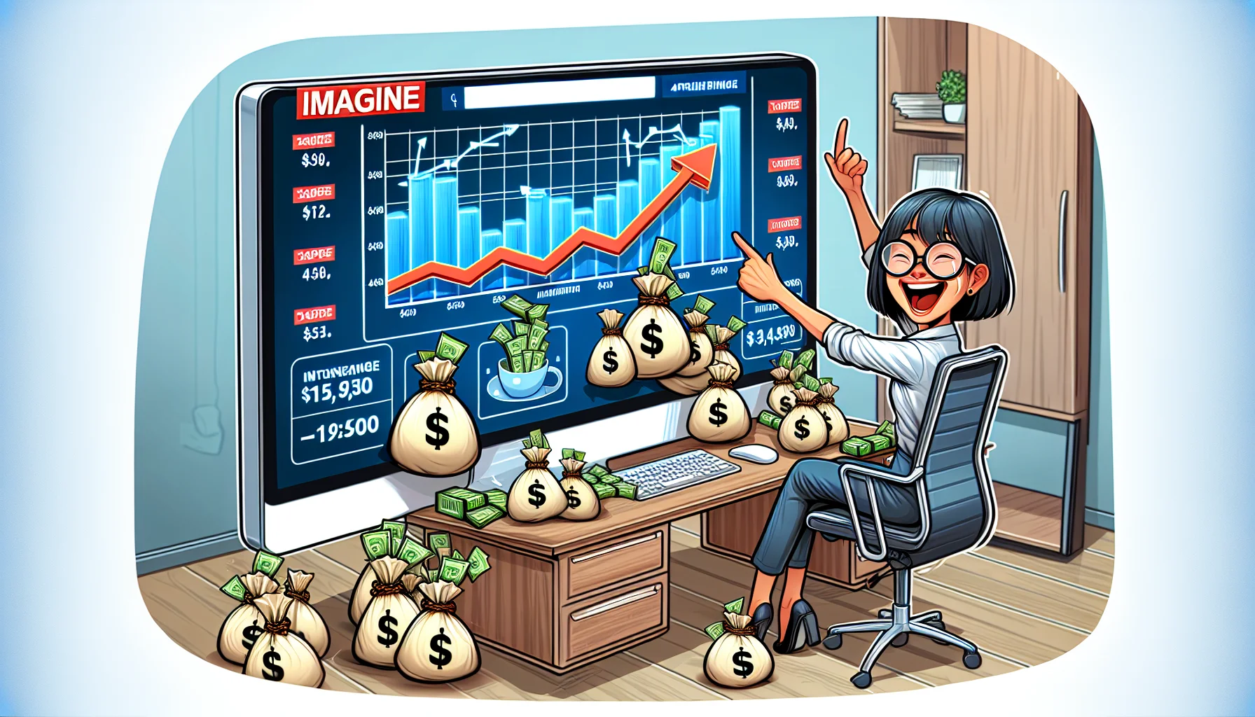 Imagine a humorous scene where a person is enthusiastically showing off the success of their affiliate program. The person, who is an Asian female, sits in a stylish modern home office, pointing excitedly at a computer monitor displaying attractive and eye-catching graphs about the growth of affiliate earnings. Amidst all this, cartoon-like bags of cash continuously jump out of the computer screen and overflow beyond the desk, playfully representing the potential money earned from online affiliate programs. Note that the screen graphics simply suggest the idea of affiliate marketing without directly referring to any specific brands or programs.