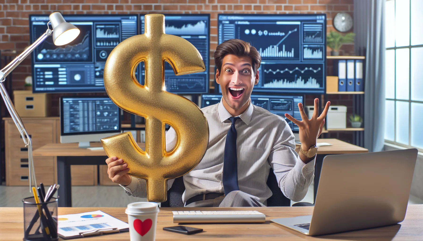 Create a humorous yet realistic scene where an online affiliate, excitedly presenting a large, shiny golden dollar sign. The affiliate could be Caucasian male in his 30s, wearing smart casual attire, sitting in a modern, well-lit home office filled with multiple computer screens displaying various charts and graphs related to online revenue generation. There could also be a quirky detail, like a small coffee cup that has the phrase 'I Heart Affiliates' written on it.
